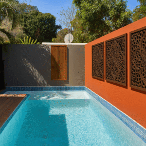 Modern pool with decorative wall panels (luxe pools and landscaping)
